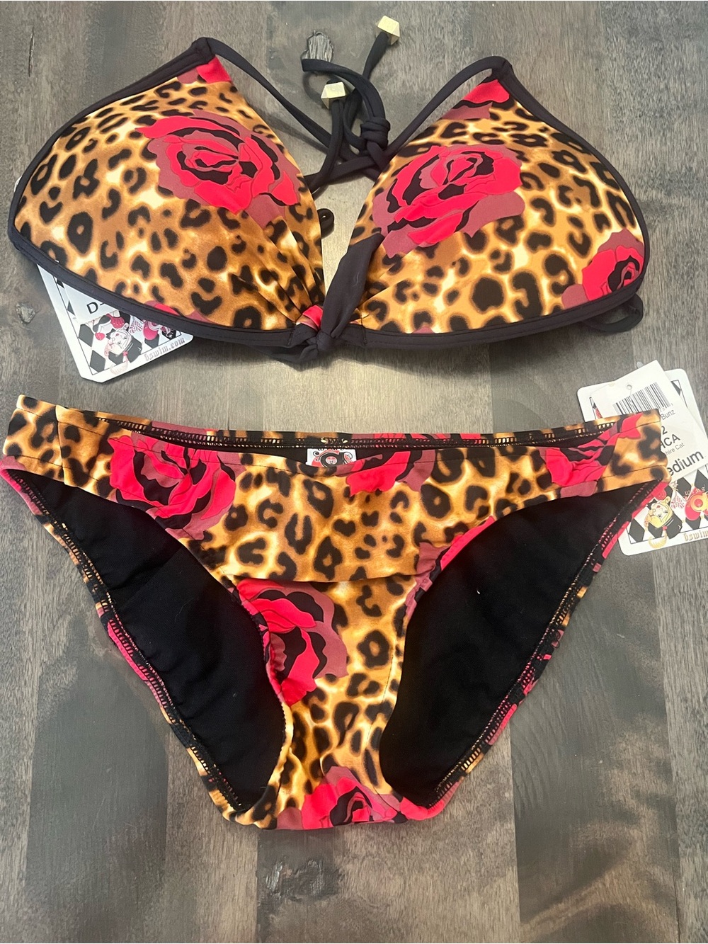B Swim Rose Leopard Print Cheshire Cat Women's Bikini SZ M D cup top